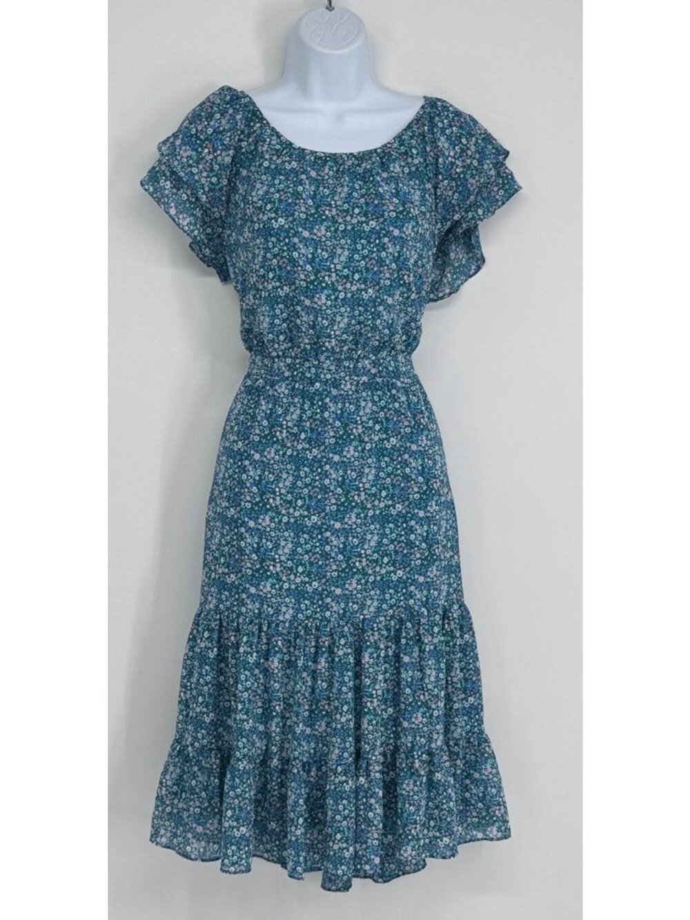 J. Crew Women 12 Blue Floral Ruffle Sleeve Tiered Midi Dress Cottage Fairy